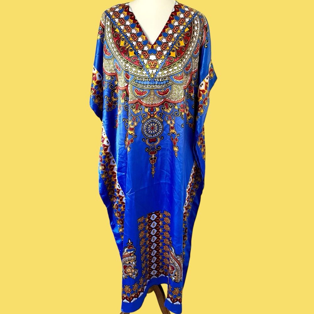 ASHRO Blue Gold Satin Medallion Design Long Caftan Dress OS Missy Fits Most